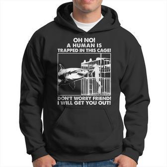 Oh No A Human Is Trapped In This Cage Graphic White Shark Hoodie | Seseable UK