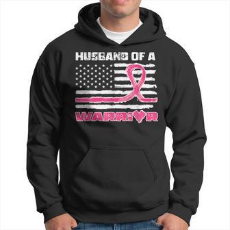 Pink Ribbon American Flag Husband Of A Warrior Breast Cancer Hoodie - Thegiftio UK