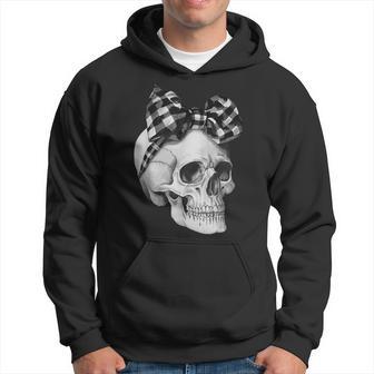 Skull Coquette Bow Halloween Black And White Checkered Bow Hoodie - Thegiftio UK