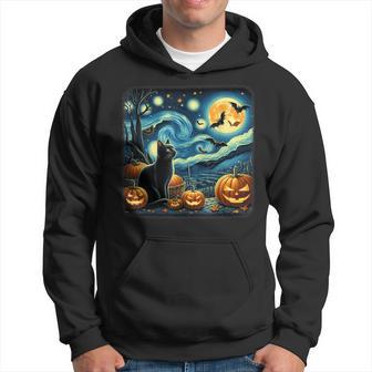 Van Gogh Starry Night Black Cat Halloween Pumpkin Cat Lover Hoodie - Thegiftio UK