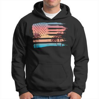 Vintage Tropical Summer-Holiday And Usa Flag Beach Palm Tree Hoodie - Monsterry
