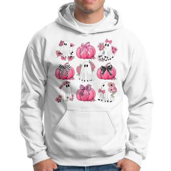 Cute Ghost Florals Pink Coquette Bows Pumpkins Halloween Hoodie - Thegiftio UK