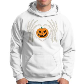 Skeleton Hand Heart With Pumpkin Halloween Bones Love Hoodie - Thegiftio UK