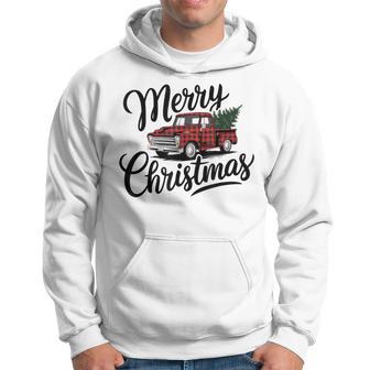 Vintage Xmas Red Pickup Truck Buffalo Plaid Christmas Tree Hoodie - Thegiftio UK