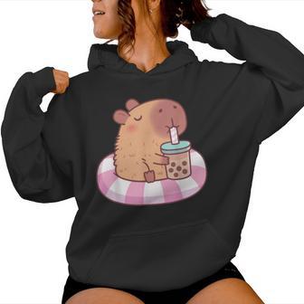 Cute Capybara On Pool Float Drinking Bubble Tea Lover Girls Women Hoodie - Thegiftio UK