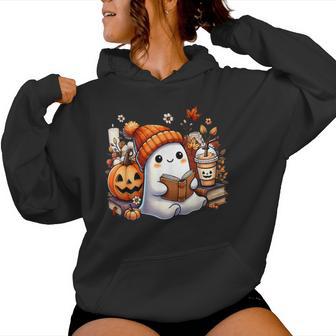 Cute Ghost Ice Drinking Coffee Halloween Book Reading Womens Women Hoodie - Thegiftio UK