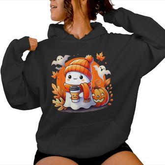 Cute Halloween Ghost Coffee Pumpkin Autumn Maple Leaves Women Hoodie - Thegiftio UK