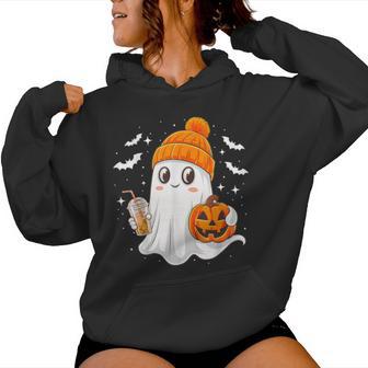 Ghost With Coffee Beanie And Pumpkin Halloween Costume Women Hoodie - Thegiftio UK