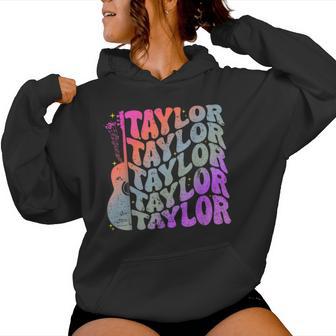 Girl Retro Taylor First Name Personalized Groovy 80'S Pink Women Hoodie - Thegiftio UK