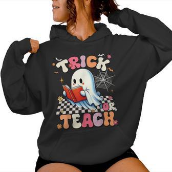 Groovy Teacher Halloween Retro Trick Or Teach Floral Ghost Women Hoodie - Thegiftio UK
