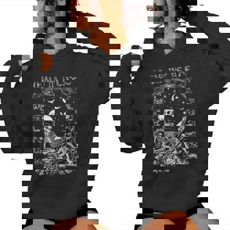 Read In Peace Skeleton Reading Teacher Spooky Halloween Women Hoodie - Thegiftio