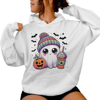 Cute Ghost Drinking Coffee Latte Ghost Boo Halloween Women Women Hoodie - Thegiftio