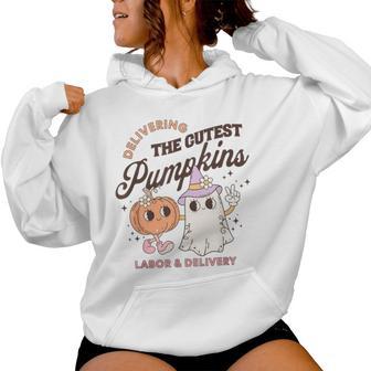 Delivering Cutest Little Pumpkins Groovy L&D Nurse Halloween Women Hoodie - Thegiftio UK