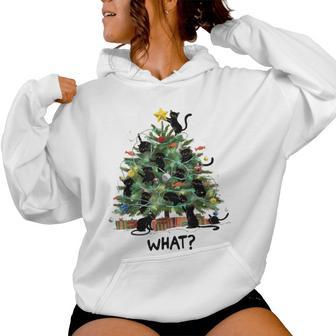 Black Cat Pushing Christmas Tree Over Cat What Womens Women Hoodie - Thegiftio UK