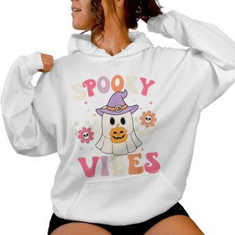 Groovy Spooky Vibes Retro Ghost Holding Pumpkin Halloween Women Hoodie - Thegiftio UK