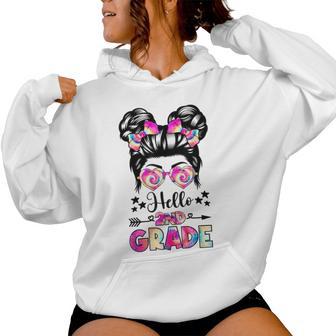 Hello 2Nd Grade Messy Bun Tie Dye First Day Of School Girls Women Hoodie - Thegiftio UK