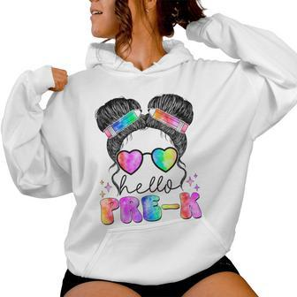 Messy Hair Bun Girl Back To School First Day Hello Pre K Women Hoodie - Monsterry CA
