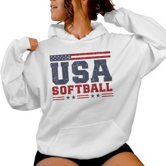 Softball Usa American Flag Patriotic Softball Fan Women Hoodie - Thegiftio UK