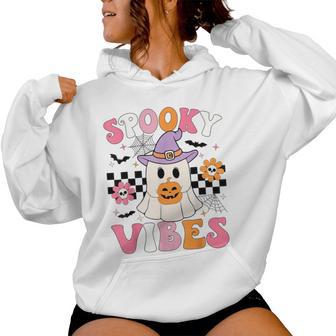 Spooky Vibes Ghost Holding Pumpkin Groovy Halloween Ghost Women Hoodie - Thegiftio UK