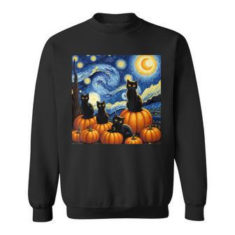 Black Cats Spooky Halloween Cat Lovers Starry Night Cat Sweatshirt - Monsterry