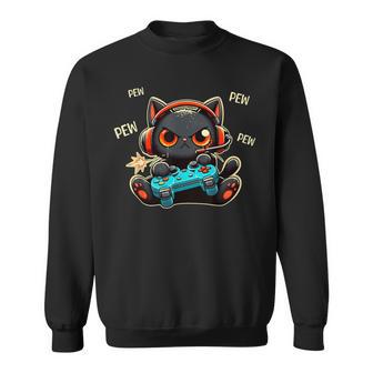 Cute Gamer Cat Playing Video Game Pew Pew Anime Kitten Sweatshirt - Thegiftio UK