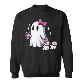 Halloween Cute Ghost Walking Dog Spooky Pink Coquette Ghost Sweatshirt - Monsterry