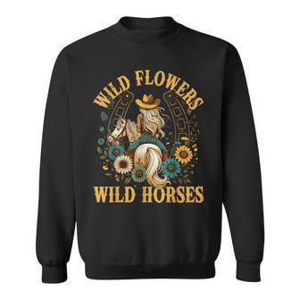 Retro Southern Sunset Cowgirl Wild Flowers Wild Horses Sweatshirt - Thegiftio UK