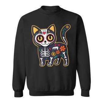 Sugar Skull Cat Halloween Dia De Los Muertos Day Of Dead Sweatshirt - Thegiftio UK