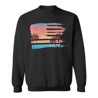 Vintage Tropical Summer-Holiday And Usa Flag Beach Palm Tree Sweatshirt - Monsterry