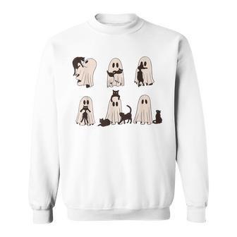 Black Cats In Ghost Costume Cute Ghost Cat Halloween Sweatshirt - Monsterry