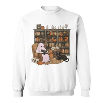 Ghost Reading Book Cat Lover Halloween Reading Enthusiast Sweatshirt - Thegiftio UK