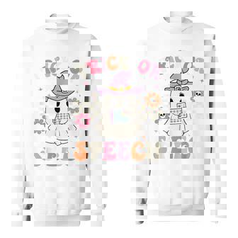 Trick Or Speech Retro Slp Halloween Speech Therapy Halloween Sweatshirt | Mazezy