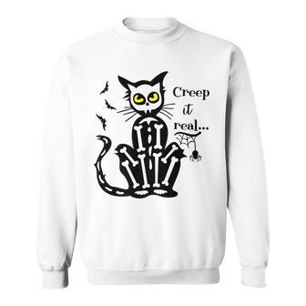 Vintage Halloween Creep It Real Black Cat Spider Bats Premium Sweatshirt - Monsterry