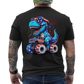 4Th Of July Boys Patriotic Dinosaur Rex Monster Truck Men's T-shirt Back Print - Monsterry