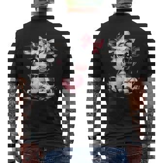 Awesome Black & White Cow Holding Heart Pink Coquette Bow Men's T-shirt Back Print - Thegiftio
