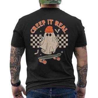 Creep It Real Skateboarding Ghost Retro Halloween Costume Men's T-shirt Back Print - Monsterry