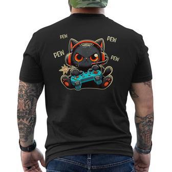 Cute Gamer Cat Playing Video Game Pew Pew Anime Kitten Men's T-shirt Back Print - Thegiftio UK