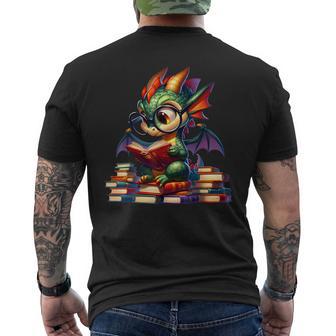 Dragon And Books Nerds Cute Dragon Reading A Book Men's T-shirt Back Print - Monsterry