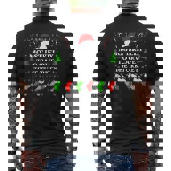 Most Likely To Carve The Turkey Family Christmas Santa Hat Tank Top Men's Back Print T-Shirt - Monsterry