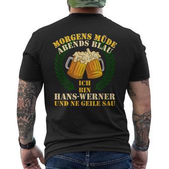 Morgens Müde Abends Blue Hans-Werner T-Shirt mit Rückendruck - Geschenkecke