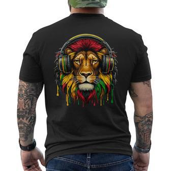 Rasta Raggae Jamaica Music Headphones Lion Of Judah Men's T-shirt Back Print - Monsterry