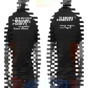 Vintage Community Is My Religion Peace God Religion Meme Men's T-shirt Back Print - Monsterry