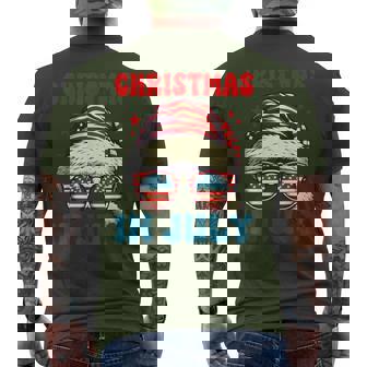 Christmas In July Santa Hat Sunglasses Usa Flag 4Th Of July Men's T-shirt Back Print - Monsterry