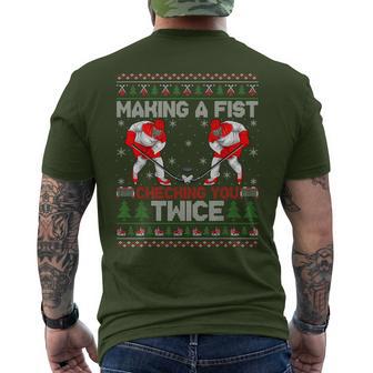 Making A Fist Checking You Twice Ugly Ice Hockey Christmas Men's T-shirt Back Print - Monsterry