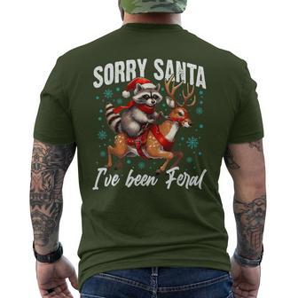 Sorry Santa I've Been Feral Cute Raccoon Christmas Santa Hat Men's T-shirt Back Print - Thegiftio UK