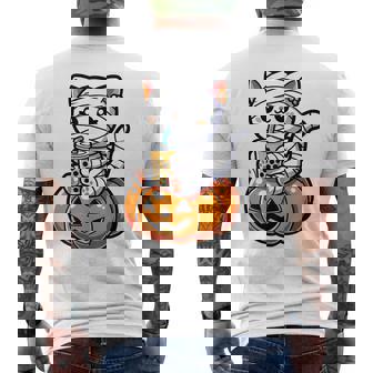 Kawaii Mummy Cat Drinking Boba Tea Halloween Pumpkin Men's T-shirt Back Print - Seseable