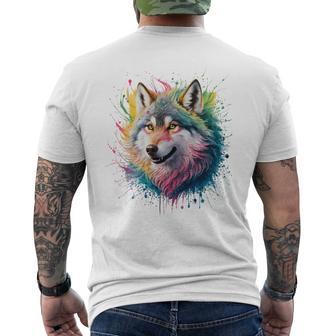 Wolf Herren Damen Bunt Aquarell Wolf T-Shirt mit Rückendruck - Geschenkecke