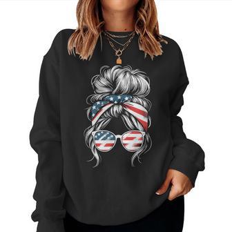 American Messy Bun Girl 4Th Of July Messy Bun Usa Flag Women Sweatshirt - Thegiftio UK