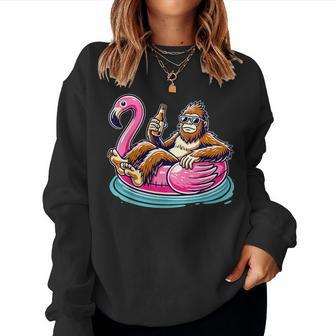 Bigfoot Chilling On Flamingo Float With Beer Fun Summer Vibe Women Sweatshirt - Monsterry
