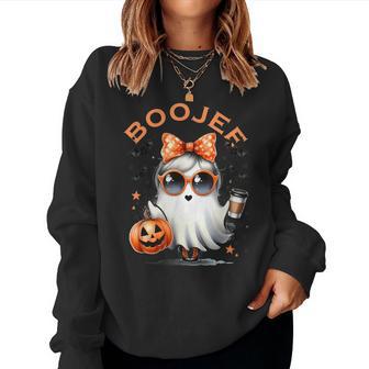 Boo Jee Ghost With Coffee Coquette Bow Halloween Girl Women Sweatshirt - Thegiftio UK